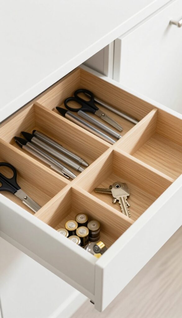 Organized kitchen drawer with adjustable dividers creating zones for pens, batteries, and keys.