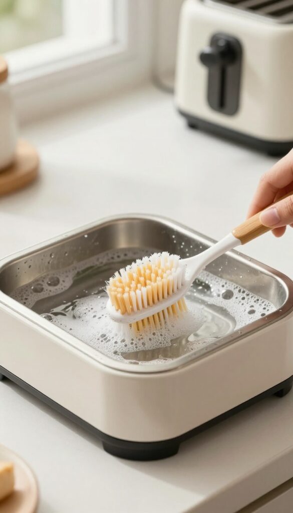 Cleaning a toaster oven crumb tray with a toothbrush and soapy water