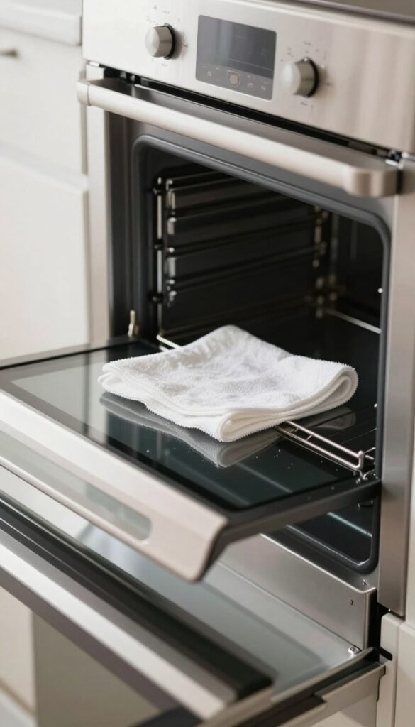 A person wiping a clean oven interior with a damp cloth, bright natural lighting, no text overlay.