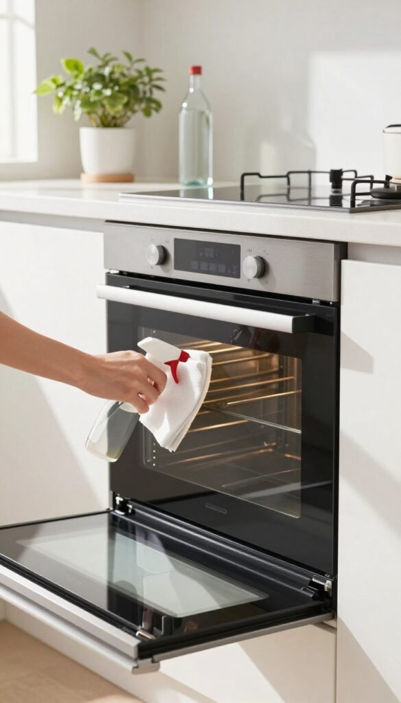 Person cleaning oven door glass with spray bottle and microfiber cloth in bright kitchen
