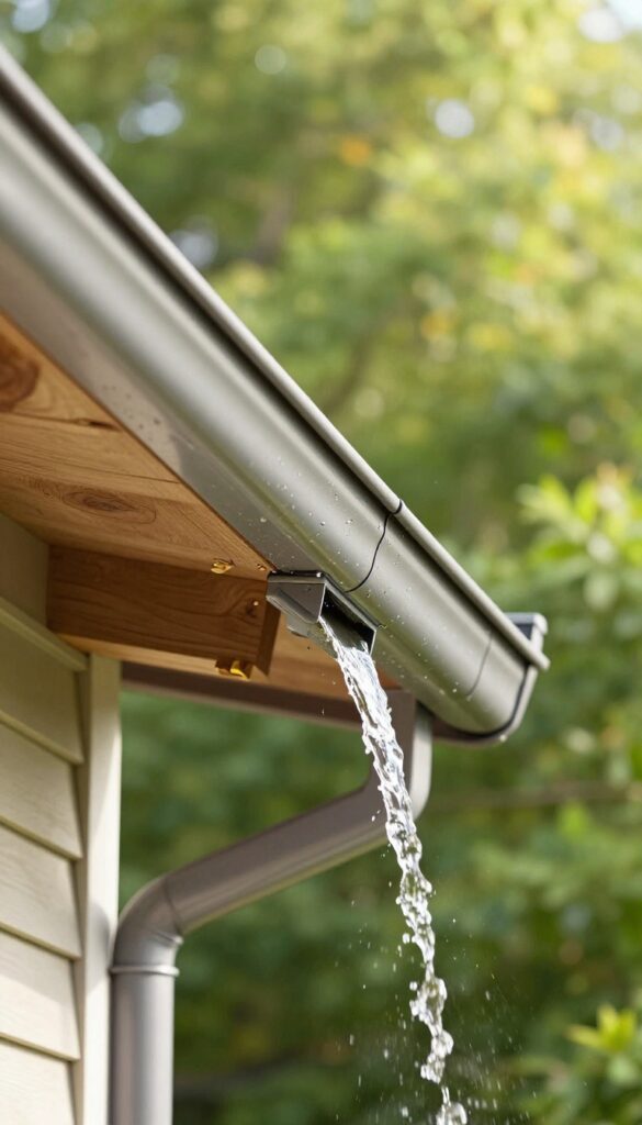 Close-up of a clean gutter with proper slope, water flowing to downspout, level tool on edge, bright daylight.