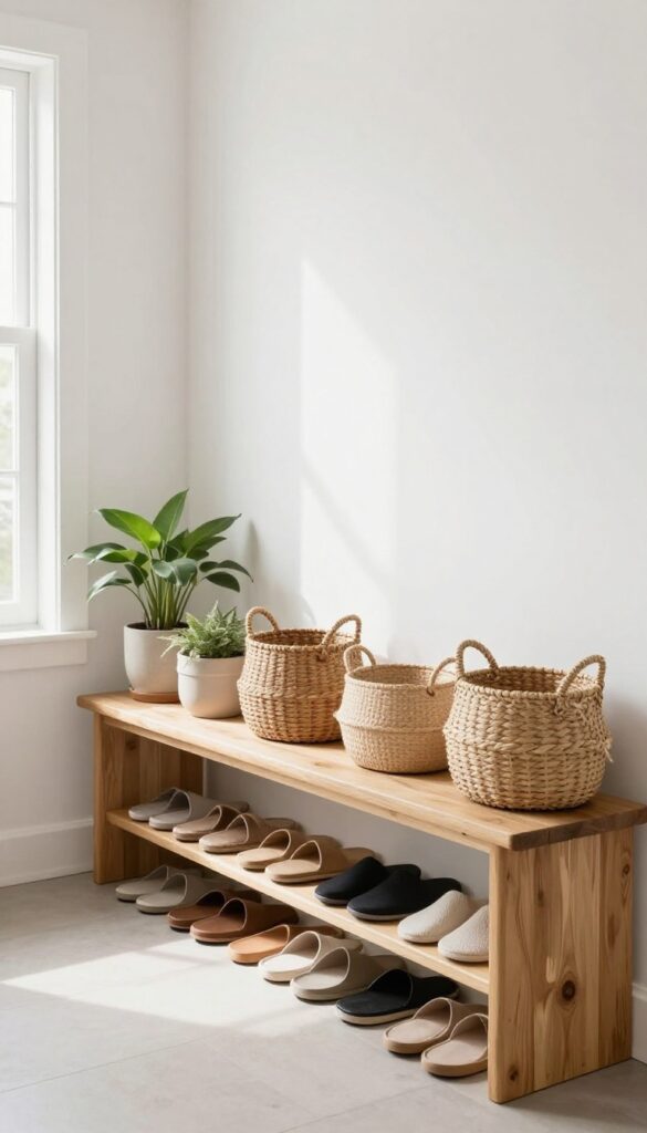 No shoes indoors policy entryway with shoe rack and bench