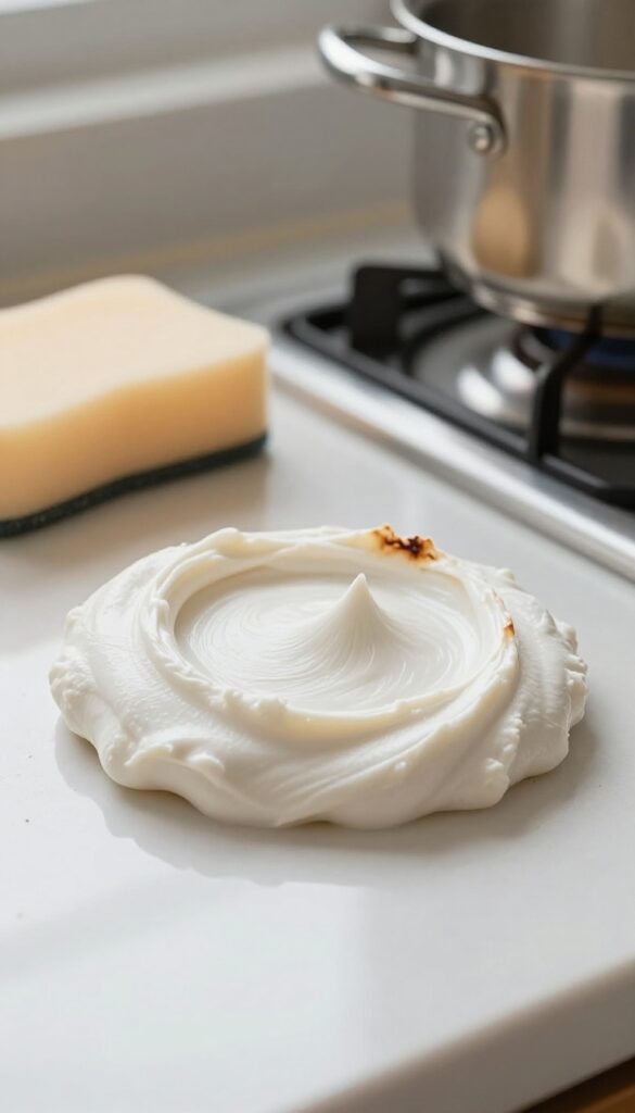 Bar Keepers Friend paste on a ceramic stovetop to remove burnt-on food