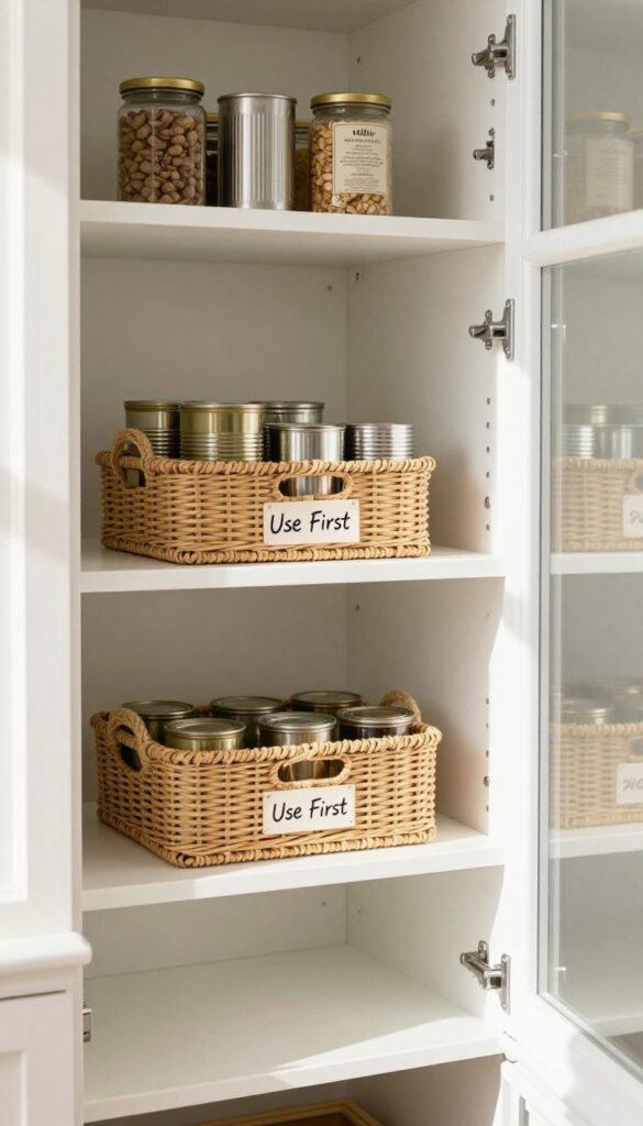 Modern pantry with a dedicated first in first out zone featuring a labeled bin for older items