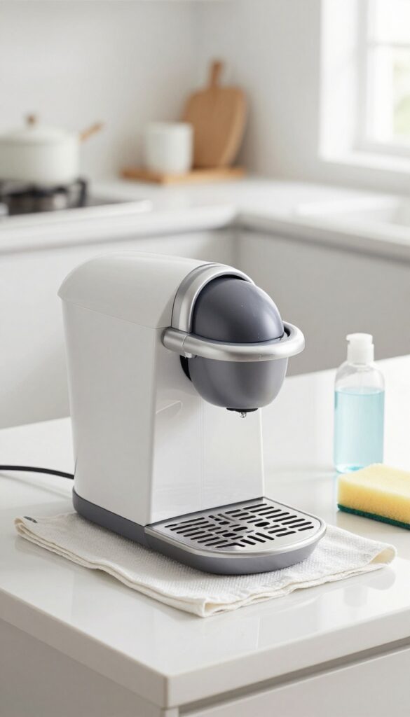 Clean Keurig drip tray and grid on a kitchen counter with cleaning supplies nearby.