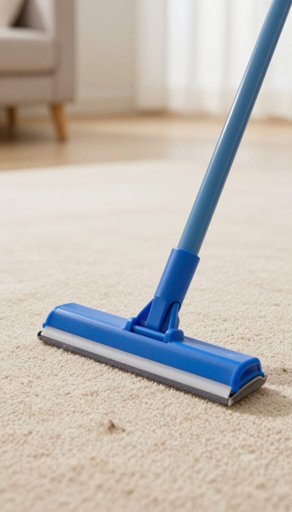A rubber squeegee lifting pet hair from a low-pile carpet in a sunlit room.