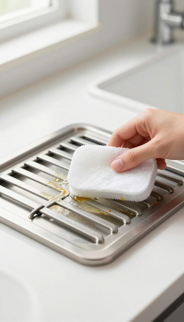 Hand scrubbing a stove grate with a wet dryer sheet to remove baked-on grease.