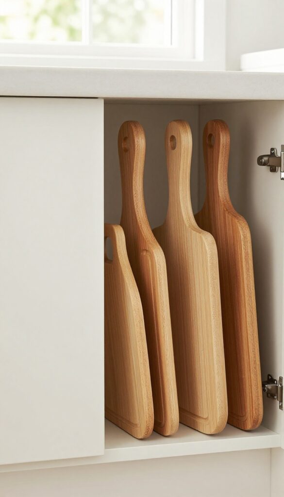 Vertical dividers organizing baking sheets and cutting boards in a kitchen cabinet