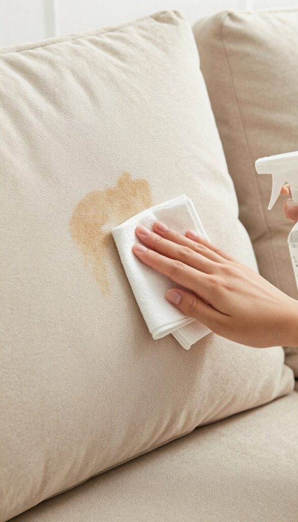 Person blotting a stain on a beige microfiber sofa with a white cloth and a spray bottle of vinegar and water mix in bright natural light.