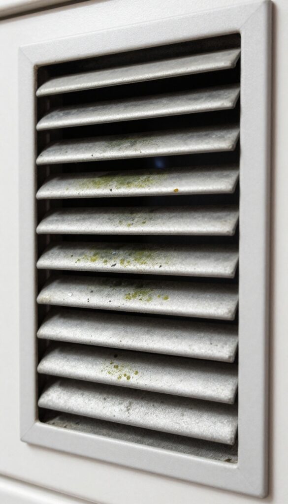 Close-up of a dirty air vent with mold growth illuminated by flashlight, home maintenance photography