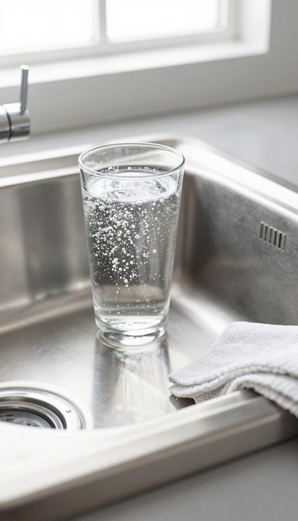 Stainless steel sink sparkling clean with club soda and microfiber cloth nearby