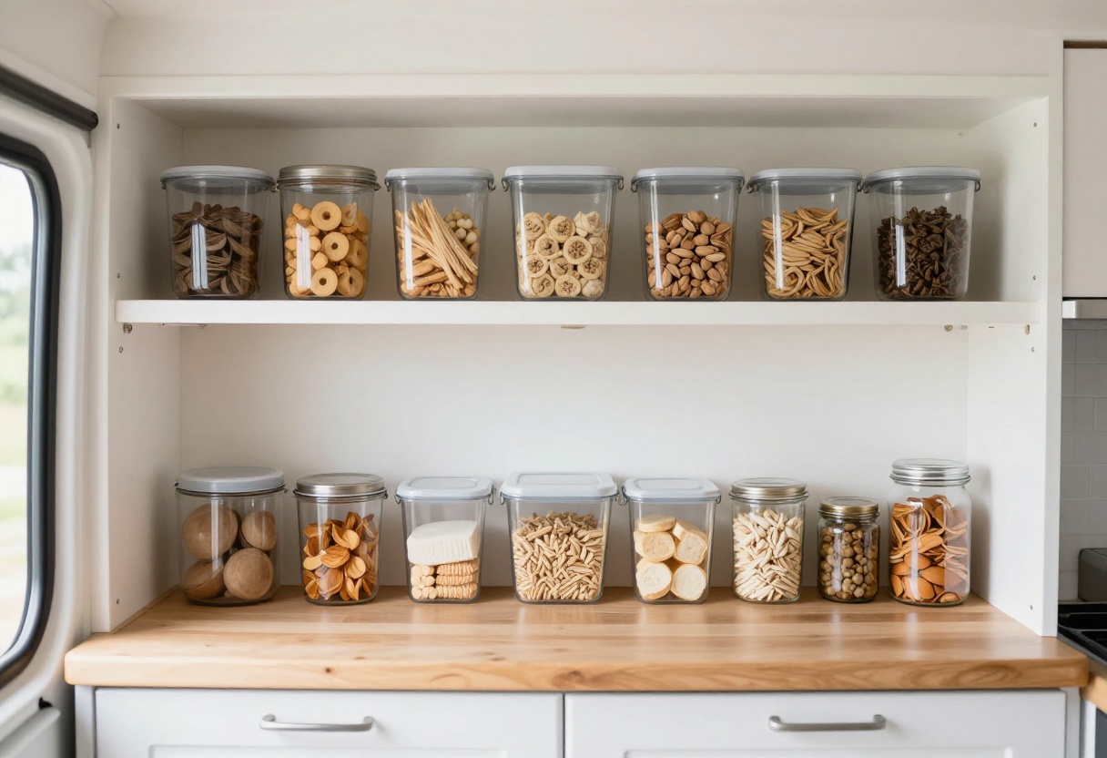 Organized camper van pantry with clear containers and labeled jars on shelves