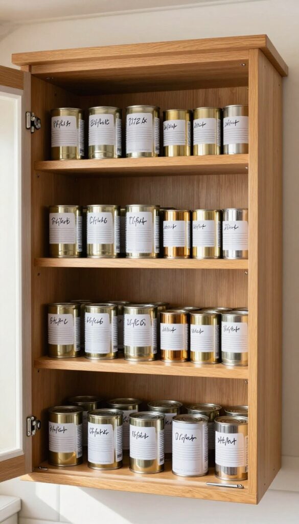 Organized camper pantry with single row of canned goods, first in first out system