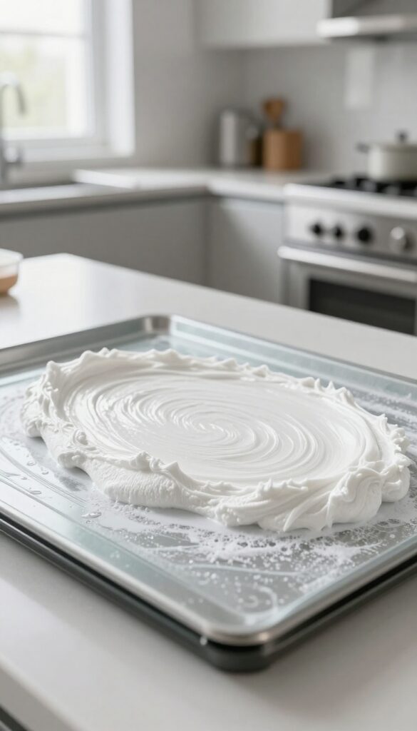 Oven glass door covered in baking soda paste, natural light, clean kitchen background