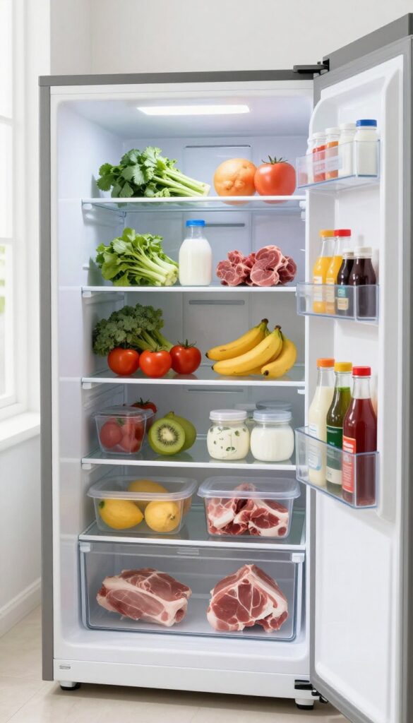 Organized refrigerator with food grouped by category in clear bins and baskets