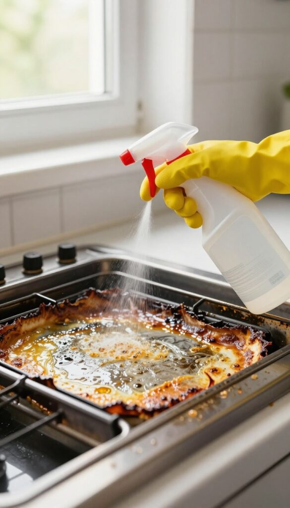 Hand in yellow rubber gloves spraying commercial degreaser onto greasy oven interior