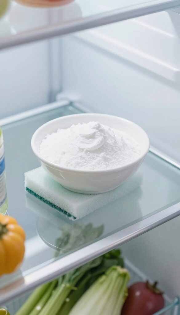Close-up of a clean fridge shelf with a bowl of baking soda paste and a sponge, bright natural light, modern kitchen