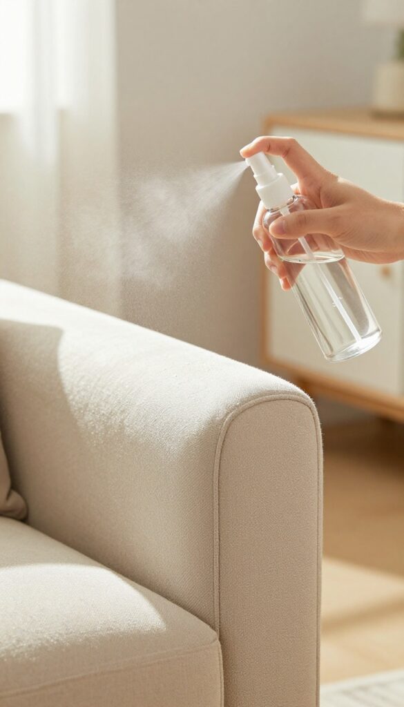 Hand spraying fabric refresher on a sofa armrest in bright natural light