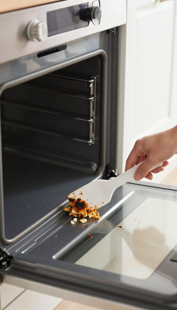 Person using a plastic scraper to dry scrape burnt-on food debris from a cool oven floor before cleaning