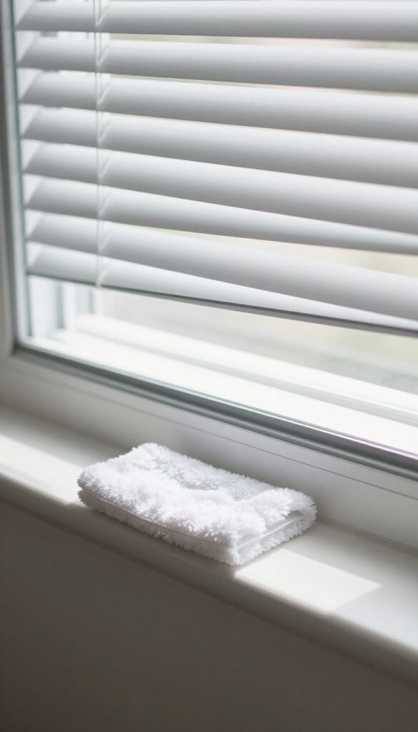 Cleaning blinds and windowsills with a microfiber duster in a bright room