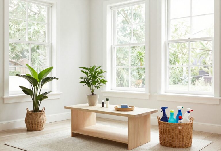 Bright living room with cleaning supplies ready for a home reset