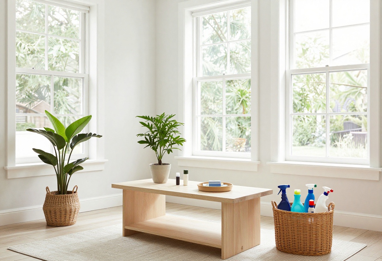 Bright living room with cleaning supplies ready for a home reset