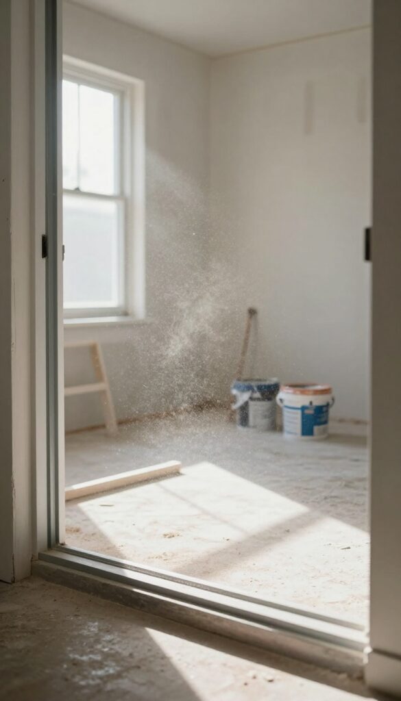 Renovation dust near a floor vent with sunlight highlighting airborne particles