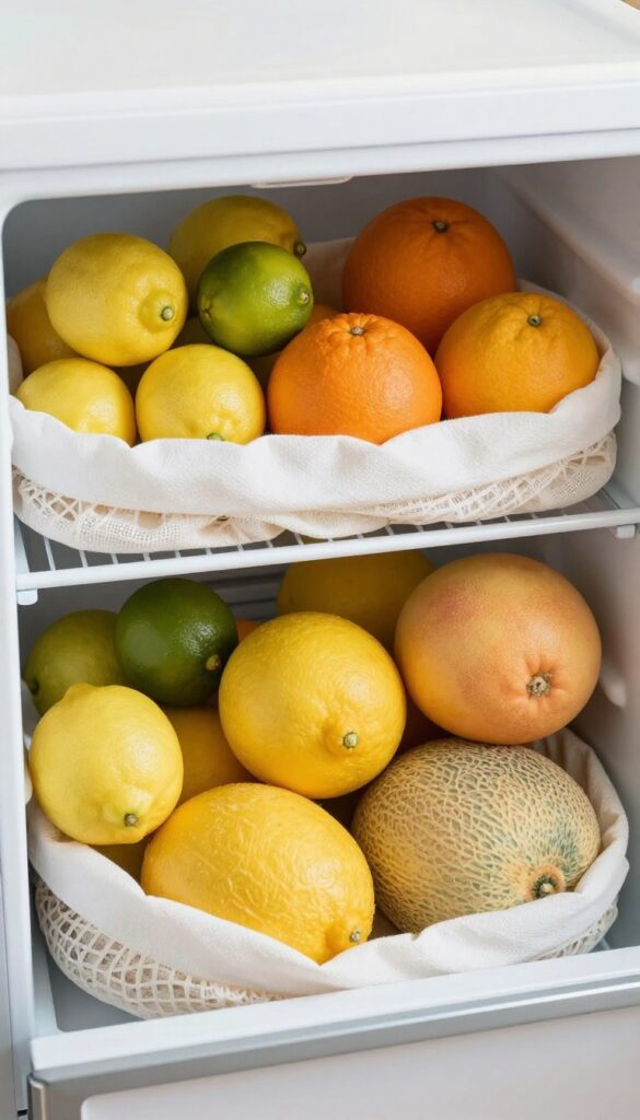 Open fridge drawer with citrus fruits and melons in mesh bags, wire basket, and paper towel lining