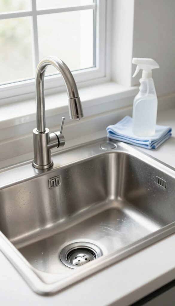 A sparkling clean stainless steel sink with a microfiber cloth and rubbing alcohol spray bottle, reflecting natural light.