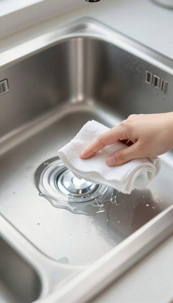 Cleaning a stainless steel sink with rubbing alcohol to remove grease and grime