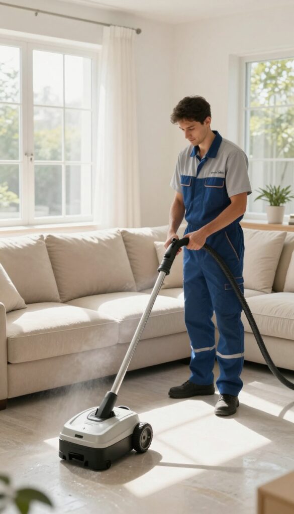 Professional upholstery cleaner using a steam cleaning machine on a beige sofa in a bright living room