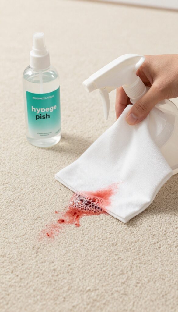 Close-up of a blood stain on a beige carpet being treated with hydrogen peroxide and dish soap, with a spray bottle and cloth nearby.
