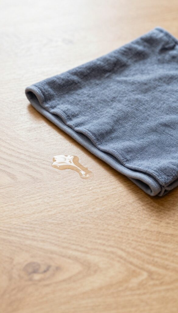Microfiber cloth wiping a spill on a shiny laminate wood floor