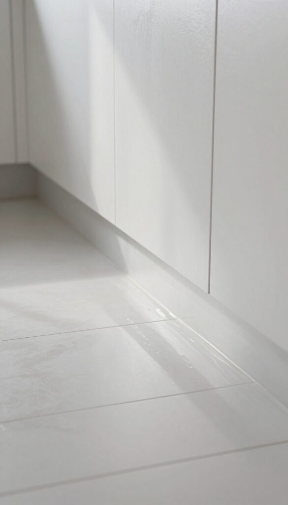 Clean glossy vinyl floor with mop and sunlight, stain-free surface.
