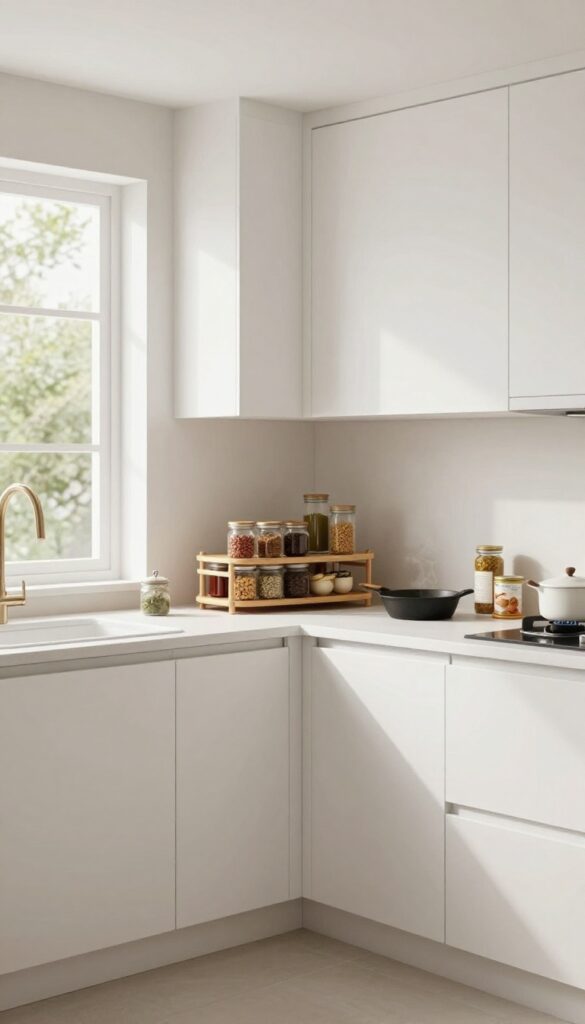 Open corner cabinet with a bamboo lazy Susan holding spices, canned goods, and a small pan in a bright modern kitchen