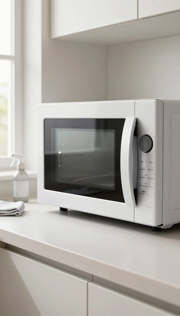 Open microwave with damp cloth inside, clean kitchen counter, bright natural light