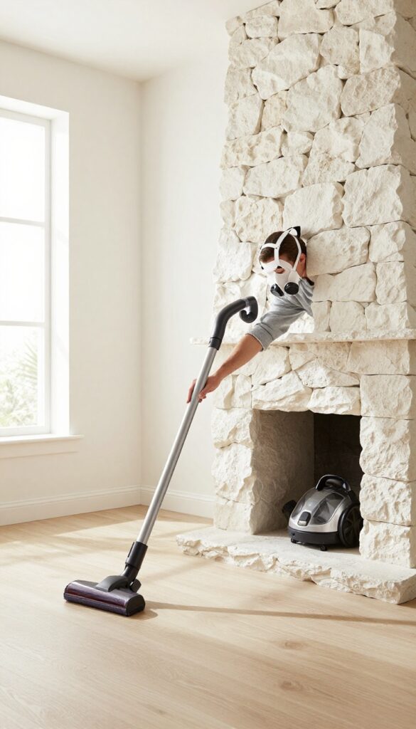 Person vacuuming fireplace hearth and floor with HEPA vacuum, clean stone fireplace, bright natural light, cozy living room