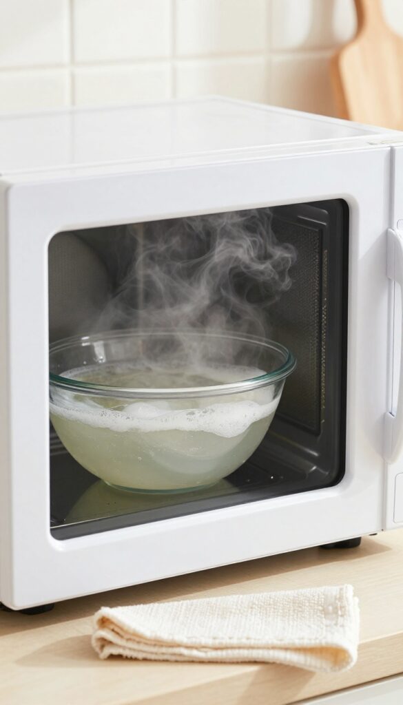 Microwave interior with steam rising from a bowl of hot water and dish soap, soft cloth on counter, clean kitchen background.