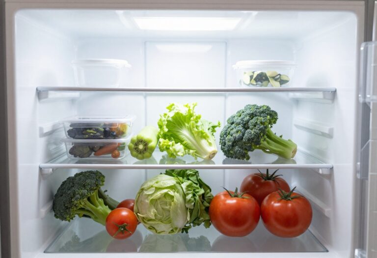 A clean refrigerator with organized shelves and fresh produce