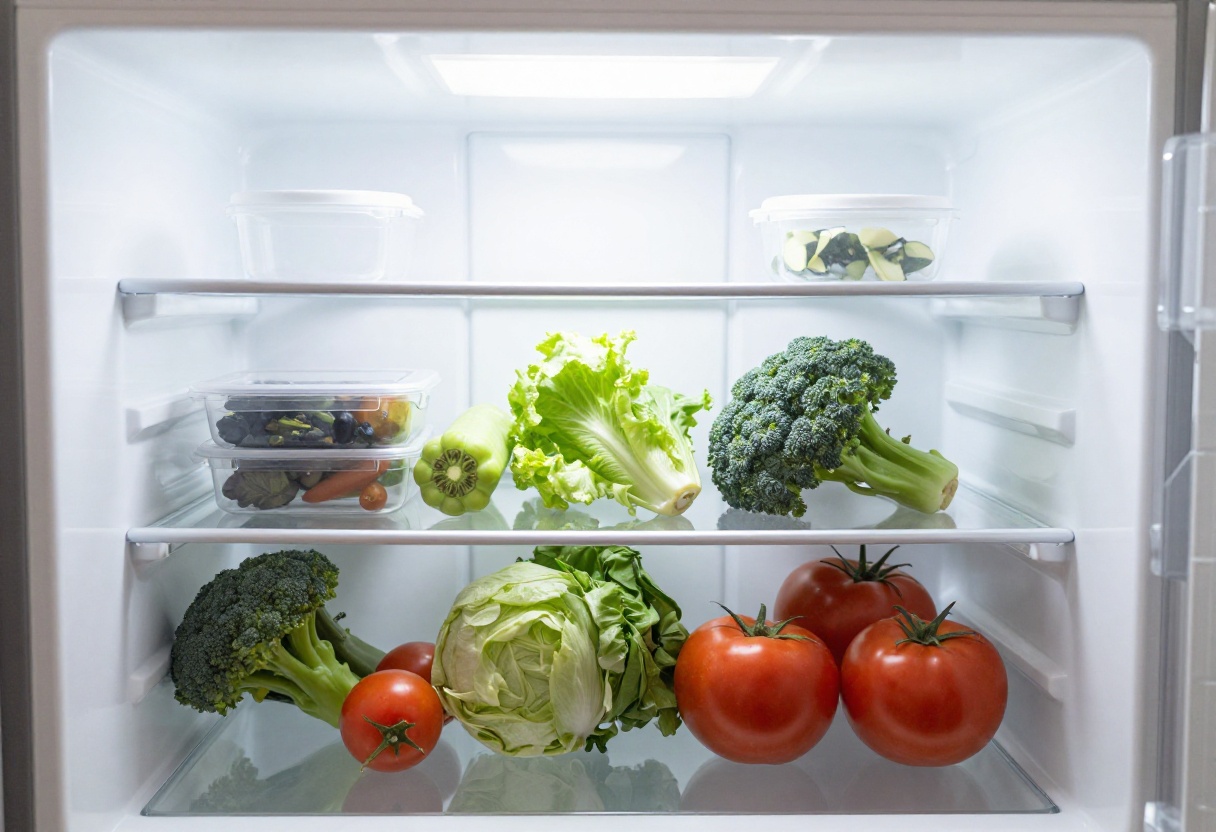 A clean refrigerator with organized shelves and fresh produce