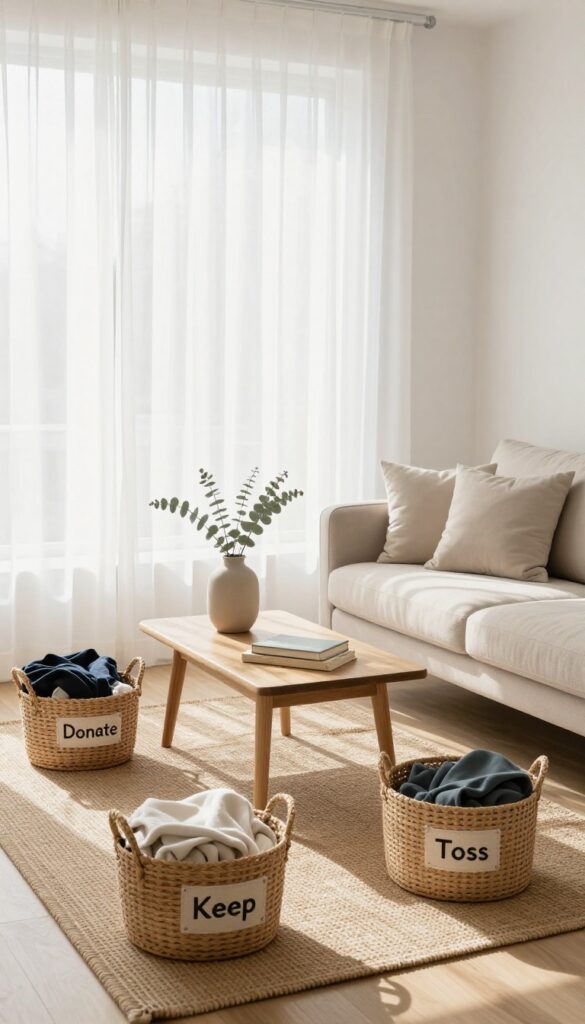 A bright living room with three labeled baskets for keep, donate, and toss, representing the decluttering process.