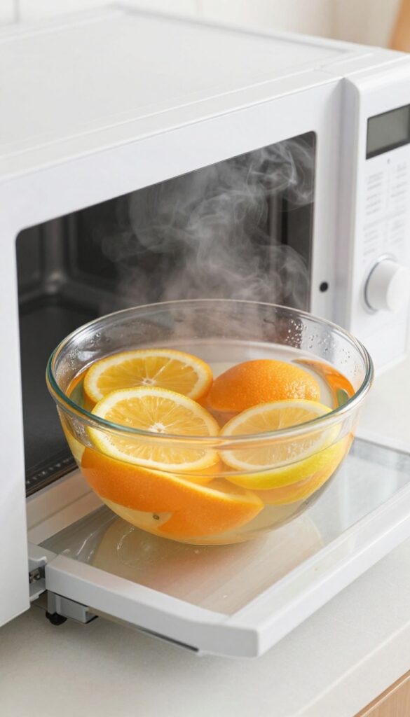 Citrus peels in water in a microwave-safe bowl inside a microwave for natural deodorizing