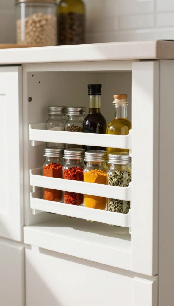 Door-mounted rack on a white cabinet door holding spices and oils in a bright kitchen pantry