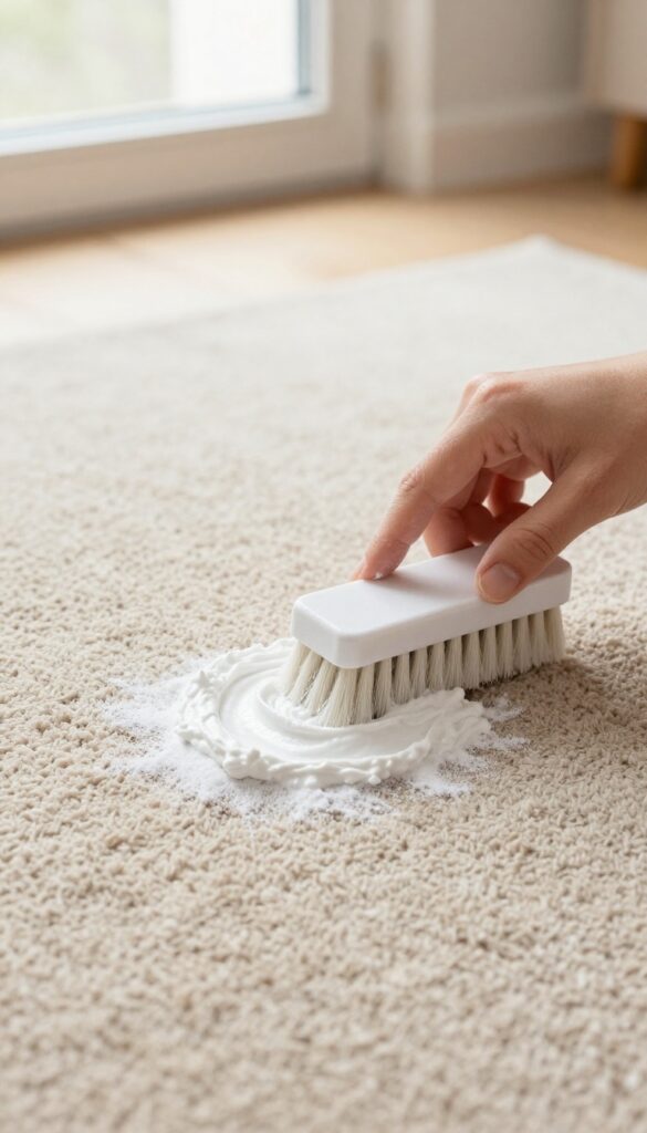 Hand applying baking soda paste to a carpet stain with a soft brush