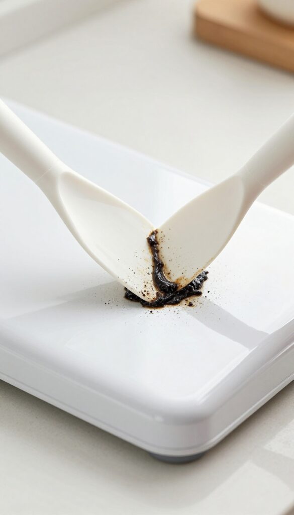 Plastic scraper removing baked-on grease from an oven surface