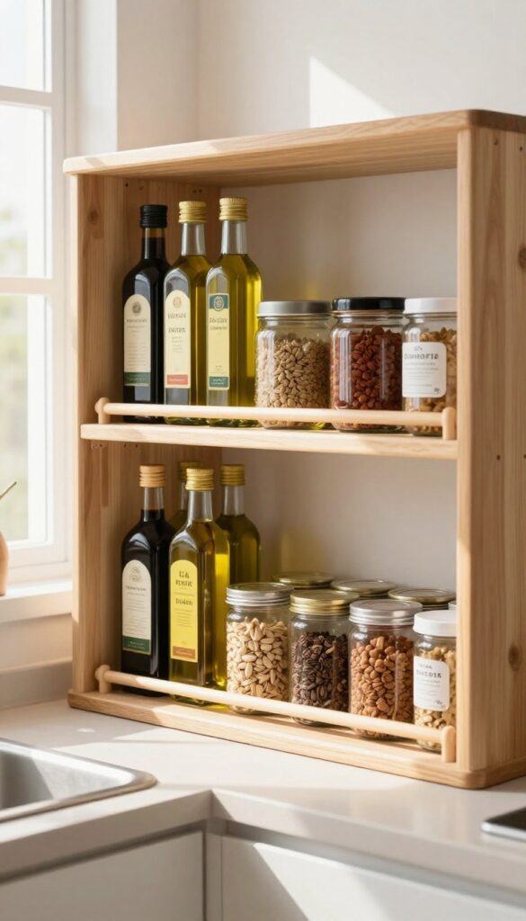 A lazy Susan on a pantry shelf holding bottles and jars, with natural light and a clean, organized look.