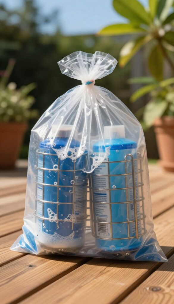 Oven racks in a sealed trash bag with oven cleaner, sitting in sunlight on a deck