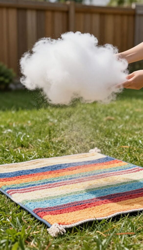 Person shaking a small rug outdoors, dust flying in sunlight