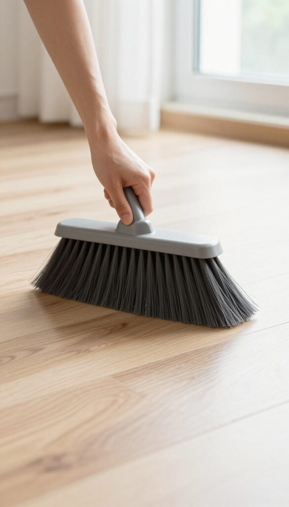 Soft broom or microfiber dust mop sweeping laminate wood floor