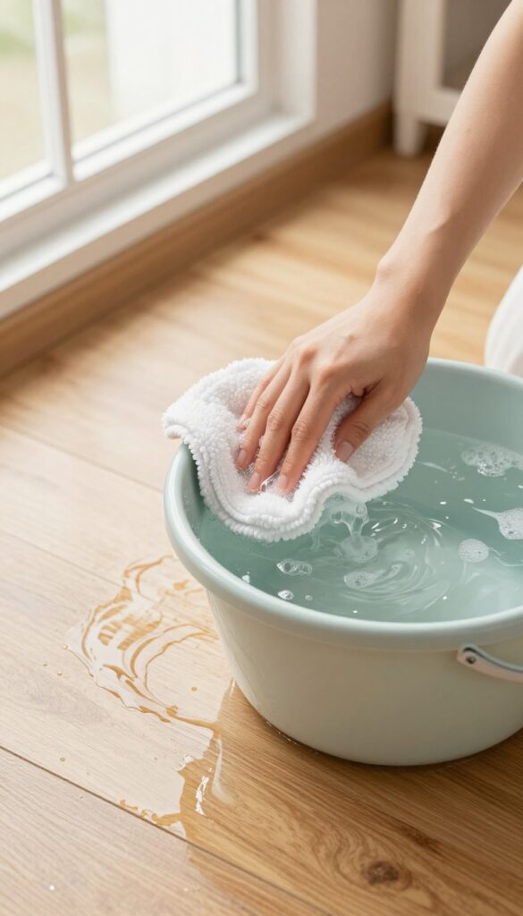 Person wringing out a mop into a bucket of fresh water on a shiny wood floor